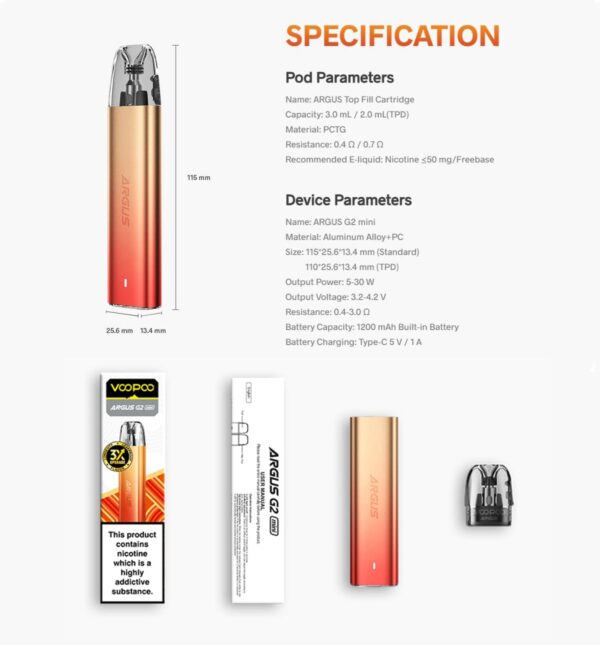 VOOPOO Argus G2 Mini Vape Pod Kit - 30W Max Output, 1200mAh Battery (Random Color) - Image 8